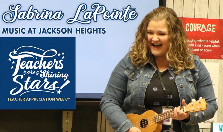 Happy music teacher playing the ukelele in an elementary classroom with the Teacher Appreciation Week graphic